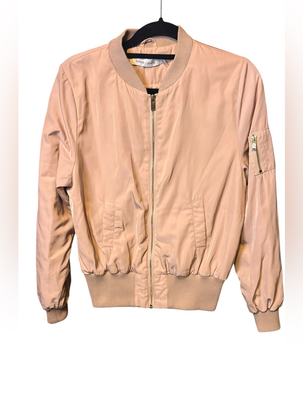 Bishop + Young Metallic Pale Pink Satin Bomber Jacket Size Large